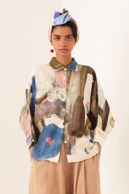 Shop_OFRIDA_Multi Color Cotton Collared Multicolor Shirt And Pant Set _Online_at_Aza_Fashions