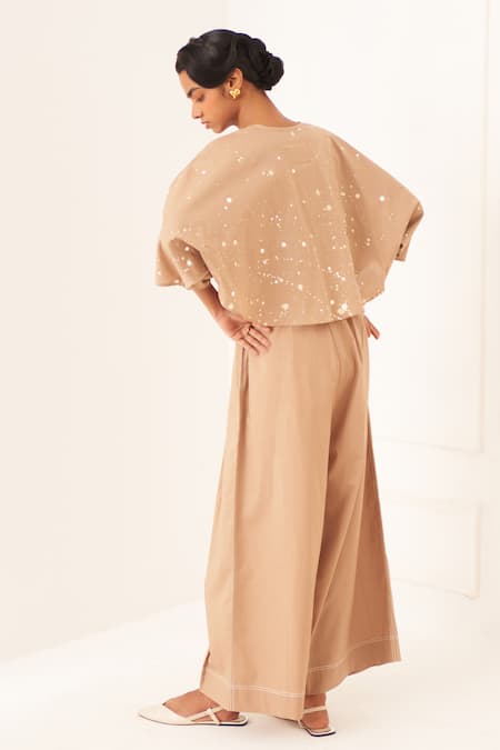 Shop OFRIDA Beige Cotton V-neck Designer Latte Yin Top Set at Aza Fashions Shop_OFRIDA_Beige Cotton V-neck Designer Latte Yin Top Set _at_Aza_Fashions