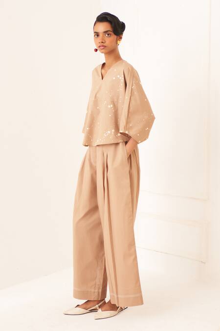 OFRIDA Beige Cotton V-neck Designer Latte Yin Top Set Online at Aza Fashions OFRIDA_Beige Cotton V-neck Designer Latte Yin Top Set _Online_at_Aza_Fashions