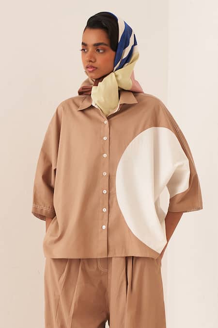 OFRIDA_Beige Cotton Collared Circular Shirt Set _Online_at_Aza_Fashions