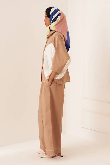 Buy_OFRIDA_Beige Cotton Collared Circular Shirt Set _Online_at_Aza_Fashions