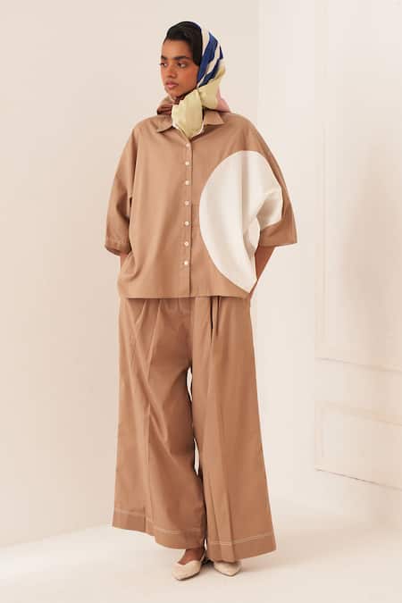 OFRIDA_Beige Cotton Collared Circular Shirt Set _at_Aza_Fashions