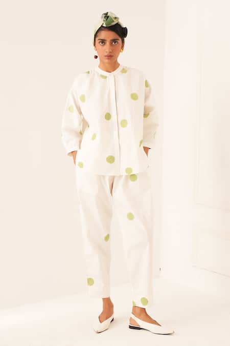 OFRIDA White Cotton Round Neck Limone Polka Dot Shirt And Pant Set