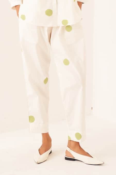 OFRIDA_White Cotton Round Neck Limone Polka Dot Shirt And Pant Set _Online_at_Aza_Fashions