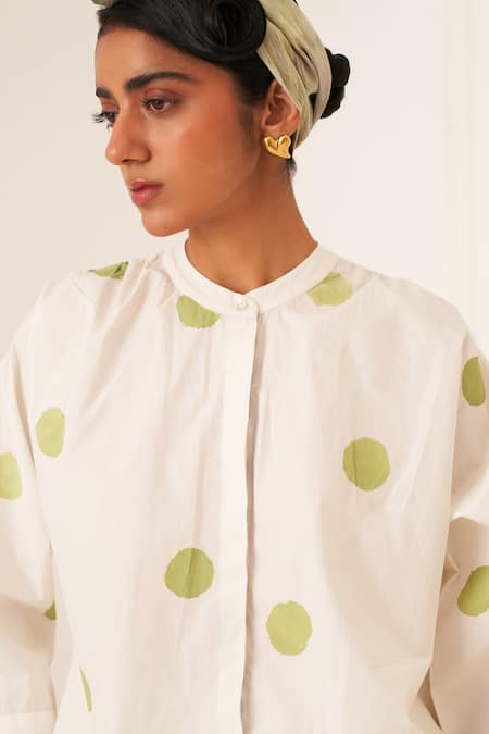 Buy_OFRIDA_White Cotton Round Neck Limone Polka Dot Shirt And Pant Set _Online_at_Aza_Fashions