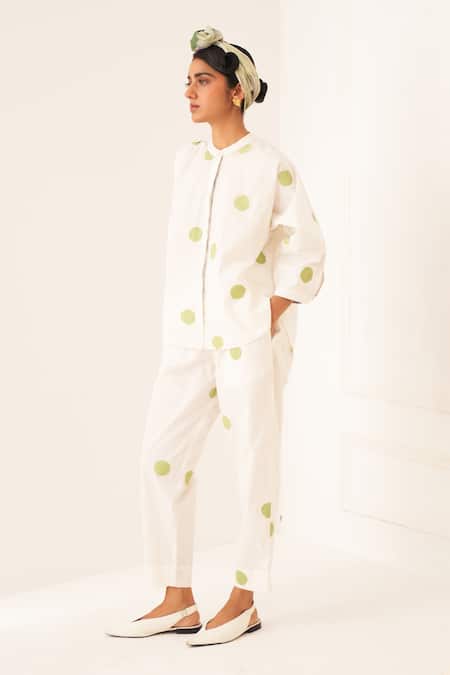 Shop_OFRIDA_White Cotton Round Neck Limone Polka Dot Shirt And Pant Set _Online_at_Aza_Fashions
