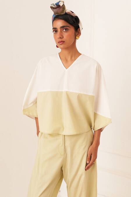 Buy_OFRIDA_White Cotton V-neck Color Block Top And Pant Set _Online_at_Aza_Fashions