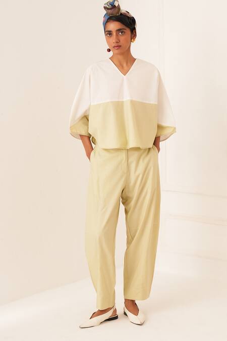 Shop_OFRIDA_White Cotton V-neck Color Block Top And Pant Set _Online_at_Aza_Fashions
