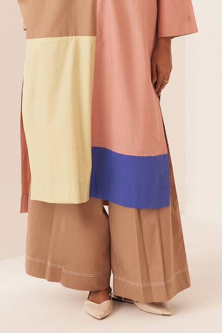 OFRIDA_Beige Cotton V-neck Multicolor Turin Kurta Set _Online_at_Aza_Fashions