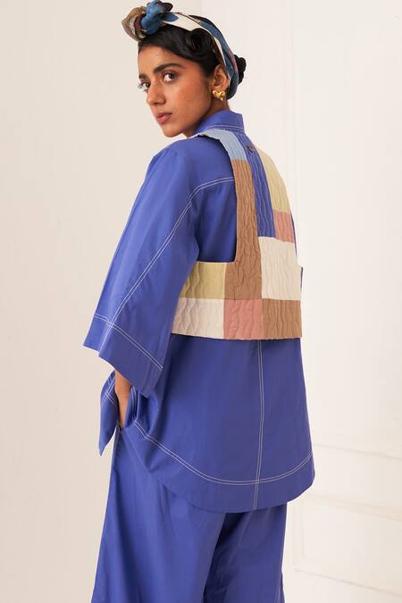 Buy_OFRIDA_Blue Cotton Patchwork Collared Multicolor 3 Piece Set _Online_at_Aza_Fashions