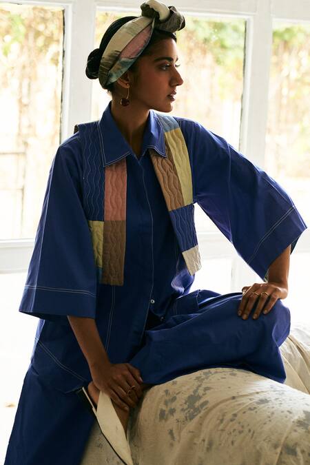 Shop_OFRIDA_Blue Cotton Patchwork Collared Multicolor 3 Piece Set _Online_at_Aza_Fashions