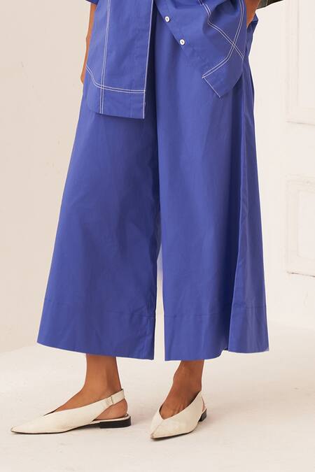 OFRIDA Blue Cotton Patchwork Collared Royal Designer Shirt And Pant Set Online at Aza Fashions OFRIDA_Blue Cotton Patchwork Collared Royal Designer Shirt And Pant Set _Online_at_Aza_Fashions