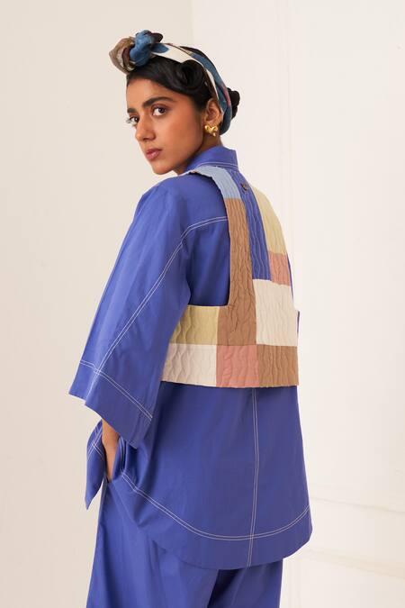 Buy OFRIDA Blue Cotton Patchwork Collared Royal Designer Shirt And Pant Set Online at Aza Fashions Buy_OFRIDA_Blue Cotton Patchwork Collared Royal Designer Shirt And Pant Set _Online_at_Aza_Fashions