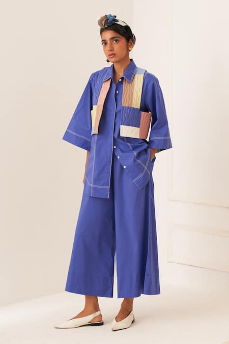 OFRIDA Blue Cotton Patchwork Collared Royal Designer Shirt And Pant Set 