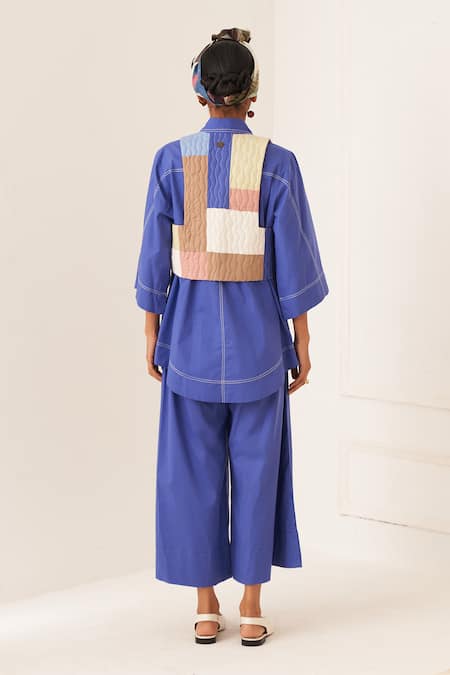 Shop OFRIDA Blue Cotton Patchwork Collared Royal Designer Shirt And Pant Set at Aza Fashions Shop_OFRIDA_Blue Cotton Patchwork Collared Royal Designer Shirt And Pant Set _at_Aza_Fashions