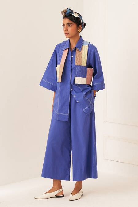 Shop OFRIDA Blue Cotton Patchwork Collared Royal Designer Shirt And Pant Set Online at Aza Fashions Shop_OFRIDA_Blue Cotton Patchwork Collared Royal Designer Shirt And Pant Set _Online_at_Aza_Fashions