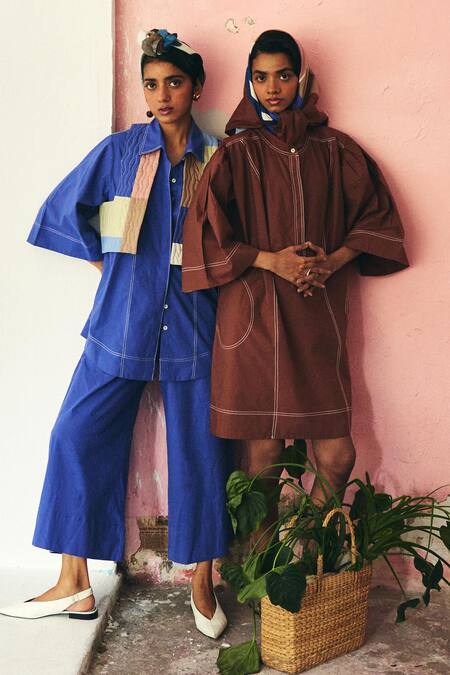 OFRIDA Blue Cotton Patchwork Collared Royal Designer Shirt And Pant Set at Aza Fashions OFRIDA_Blue Cotton Patchwork Collared Royal Designer Shirt And Pant Set _at_Aza_Fashions