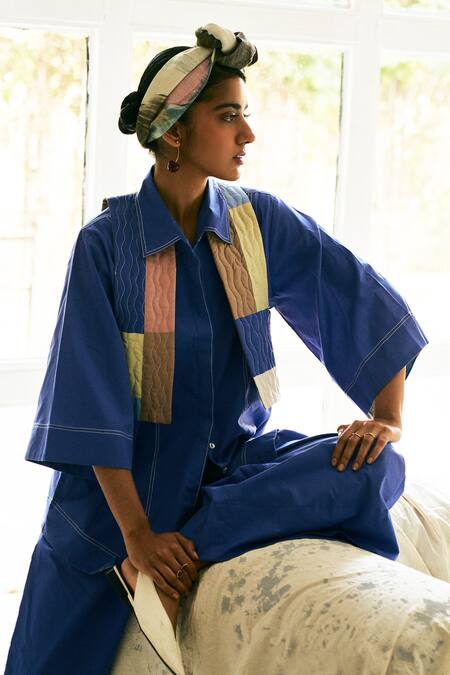 Buy OFRIDA Blue Cotton Patchwork Collared Royal Designer Shirt And Pant Set Buy_OFRIDA_Blue Cotton Patchwork Collared Royal Designer Shirt And Pant Set