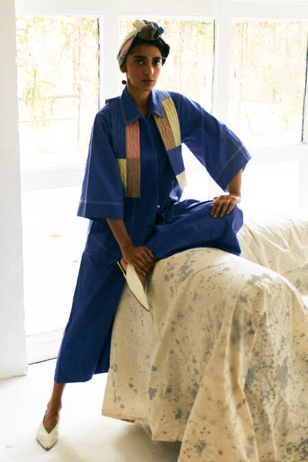 Shop OFRIDA Blue Cotton Patchwork Collared Royal Designer Shirt And Pant Set Shop_OFRIDA_Blue Cotton Patchwork Collared Royal Designer Shirt And Pant Set