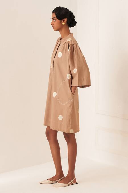 OFRIDA_Beige Cotton Round , Open Luna Latte Designer Dress And Jacket Set _Online_at_Aza_Fashions