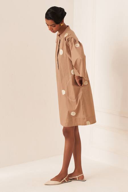 Buy_OFRIDA_Beige Cotton Round , Open Luna Latte Designer Dress And Jacket Set _Online_at_Aza_Fashions