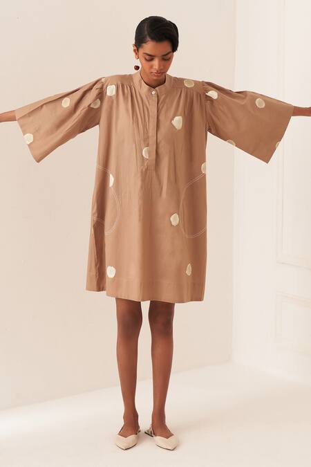 Shop_OFRIDA_Beige Cotton Round , Open Luna Latte Designer Dress And Jacket Set _Online_at_Aza_Fashions