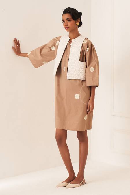 OFRIDA_Beige Cotton Round , Open Luna Latte Designer Dress And Jacket Set _at_Aza_Fashions