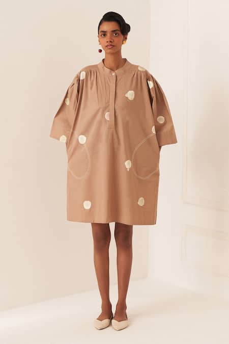 OFRIDA Beige Cotton Round , Open Luna Latte Designer Dress And Jacket Set