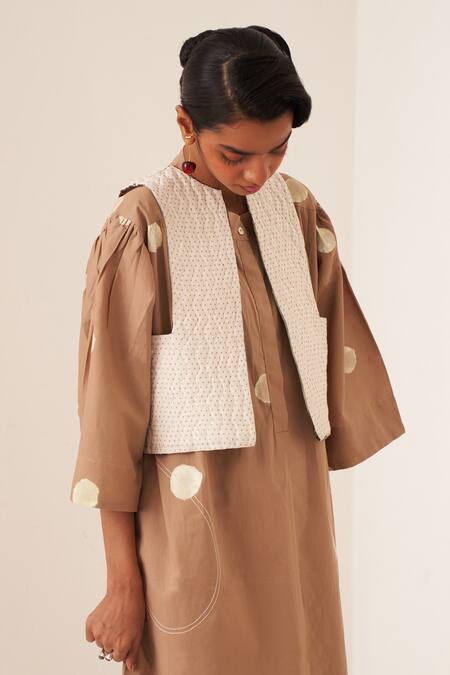 Buy_OFRIDA_Beige Cotton Round , Open Luna Latte Designer Dress And Jacket Set 