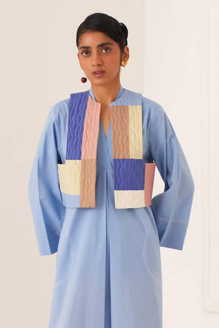 OFRIDA_Blue Cotton V-neck Multicolor Aline Dress Set _Online_at_Aza_Fashions