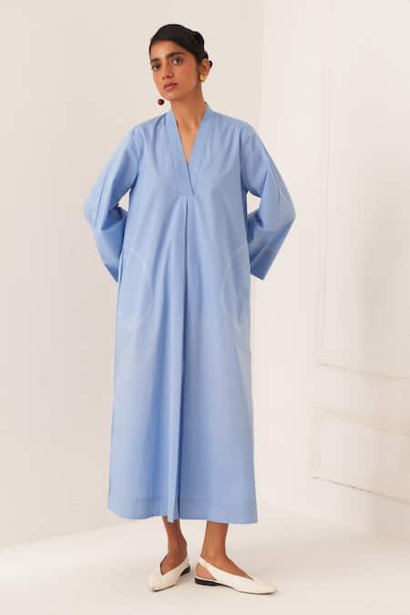 Buy_OFRIDA_Blue Cotton V-neck Multicolor Aline Dress Set _Online_at_Aza_Fashions