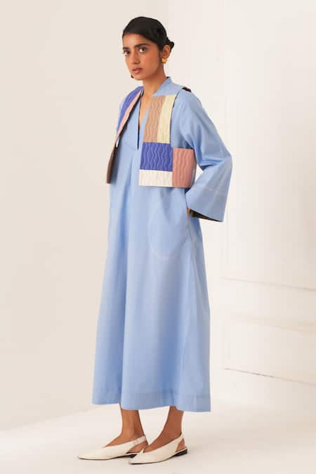 Shop_OFRIDA_Blue Cotton V-neck Multicolor Aline Dress Set _Online_at_Aza_Fashions