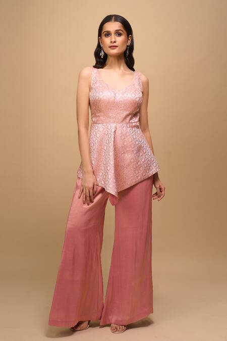 Shop_Samyukta Singhania_Peach Brocade, Tissue Embroidery Scoop Neck And Top Pant Set _Online_at_Aza_Fashions