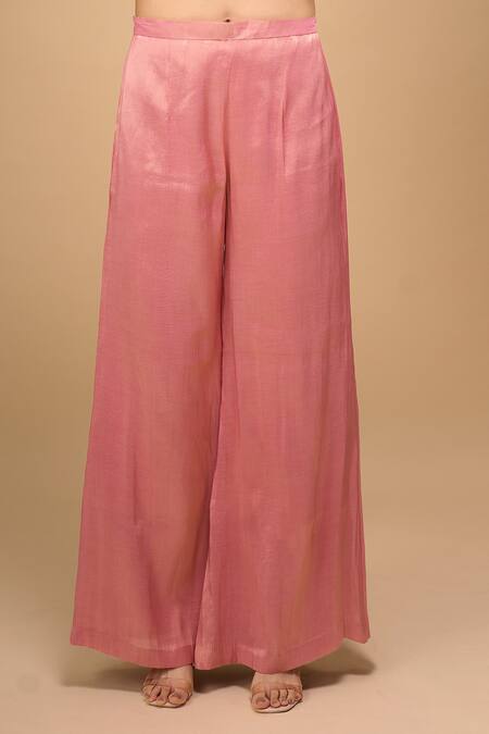 Samyukta Singhania_Peach Brocade, Tissue Embroidery Scoop Neck And Top Pant Set _at_Aza_Fashions