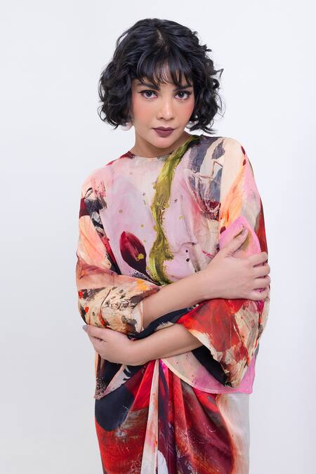 Buy_Pop Sugar_Pink Organza Round Neck Artistic Abstract Print Sheer Top _Online_at_Aza_Fashions