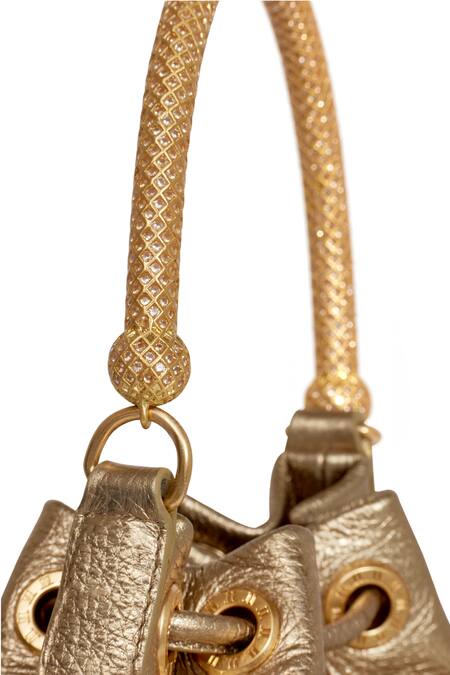 Tarun Tahiliani_Gold Tassels Leather Bucket Bag _Online_at_Aza_Fashions