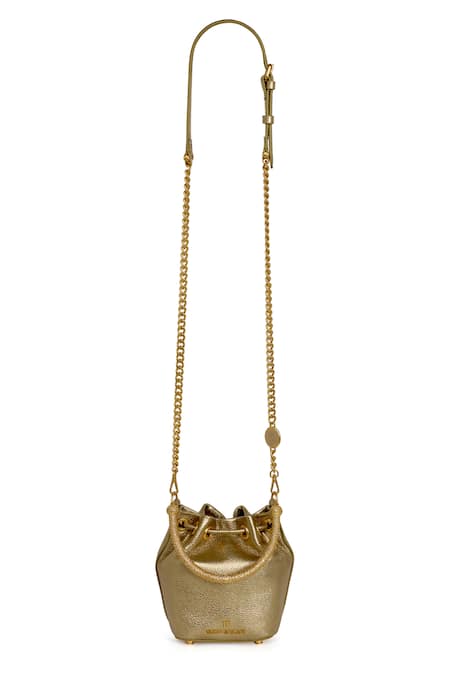 Tarun Tahiliani Gold Leather Bucket Bag 