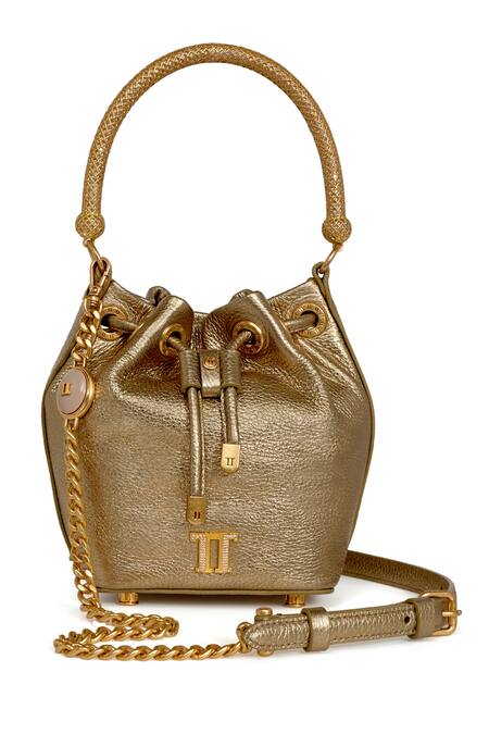Buy_Tarun Tahiliani_Gold Tassels Leather Bucket Bag 