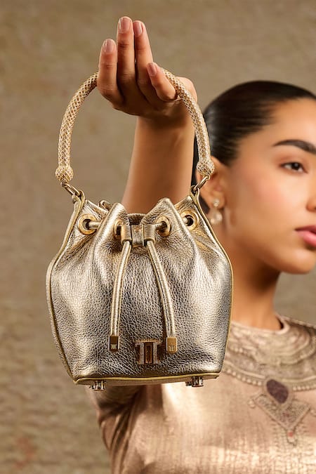 Tarun Tahiliani Gold Leather Bucket Bag 