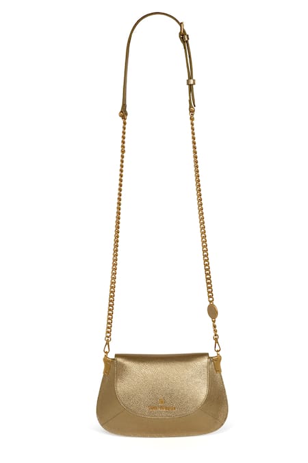 Tarun Tahiliani Gold Leather Sling Bag With Chain Strap 
