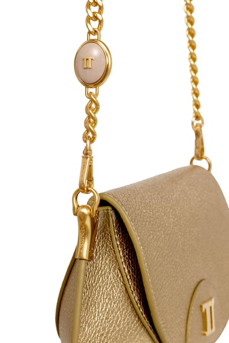 Tarun Tahiliani_Gold Leather Sling Bag With Chain Strap _Online_at_Aza_Fashions