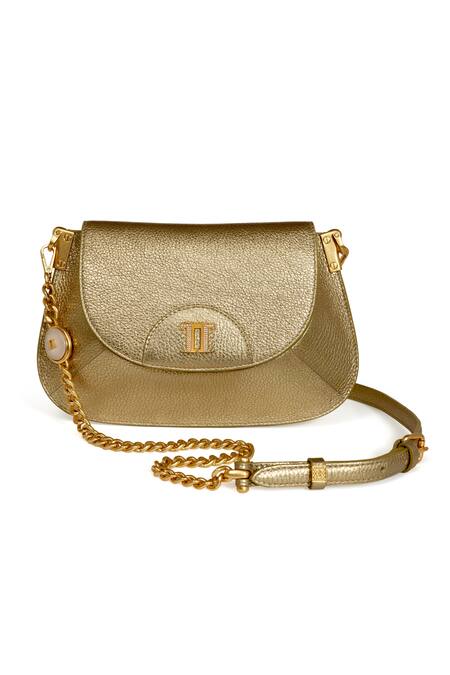 Buy_Tarun Tahiliani_Gold Leather Sling Bag With Chain Strap _Online_at_Aza_Fashions