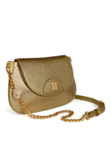 Shop_Tarun Tahiliani_Gold Leather Sling Bag With Chain Strap _Online_at_Aza_Fashions
