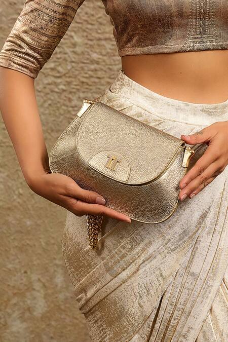 Buy_Tarun Tahiliani_Gold Leather Sling Bag With Chain Strap 