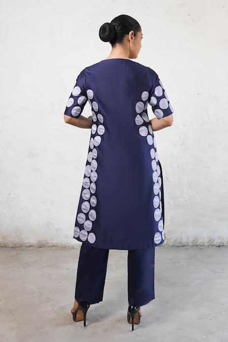 Shop Saksham & Neharicka Navy Cotton, Silk Applique Round Neck Blue Kurta Set at Aza Fashions Shop_Saksham & Neharicka_Navy Cotton, Silk Applique Round Neck Blue Kurta Set _at_Aza_Fashions