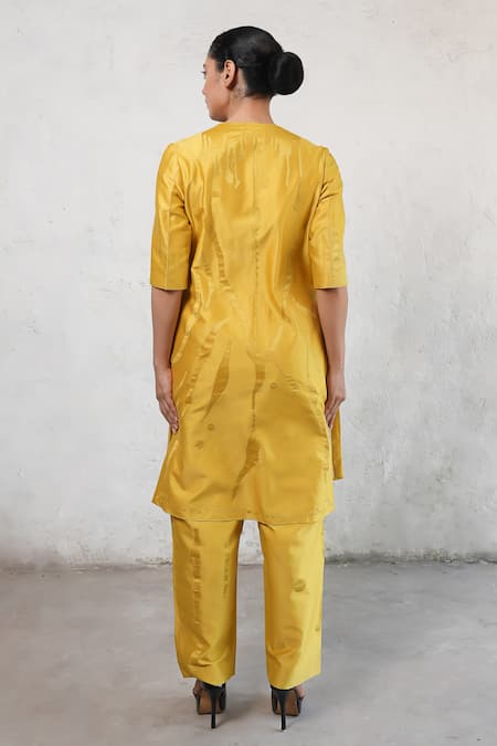 Shop Saksham & Neharicka Yellow Cotton, Silk Embroidery, Applique V-neck Ochre Kurta Set at Aza Fashions Shop_Saksham & Neharicka_Yellow Cotton, Silk Embroidery, Applique V-neck Ochre Kurta Set _at_Aza_Fashions