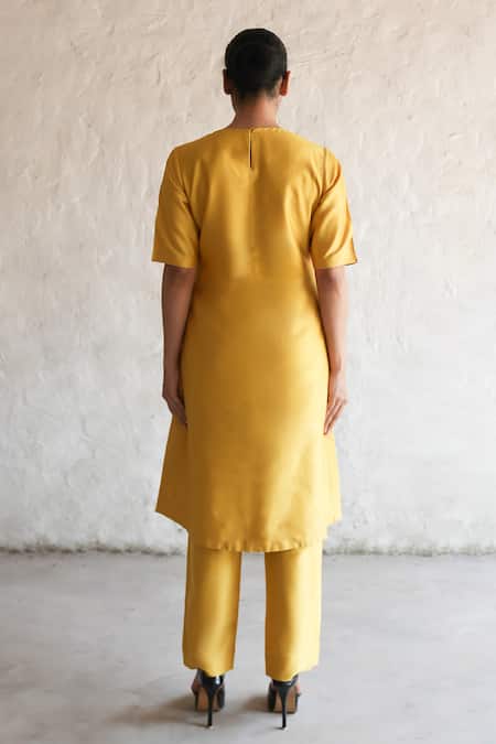Shop Saksham & Neharicka Yellow Cotton, Silk Applique Round Neck Chand Bibi Kurta Set at Aza Fashions Shop_Saksham & Neharicka_Yellow Cotton, Silk Applique Round Neck Chand Bibi Kurta Set _at_Aza_Fashions