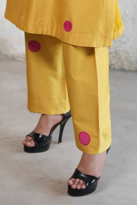 Shop Saksham & Neharicka Yellow Cotton, Silk Applique Round Neck Chand Bibi Kurta Set Online at Aza Fashions Shop_Saksham & Neharicka_Yellow Cotton, Silk Applique Round Neck Chand Bibi Kurta Set _Online_at_Aza_Fashions