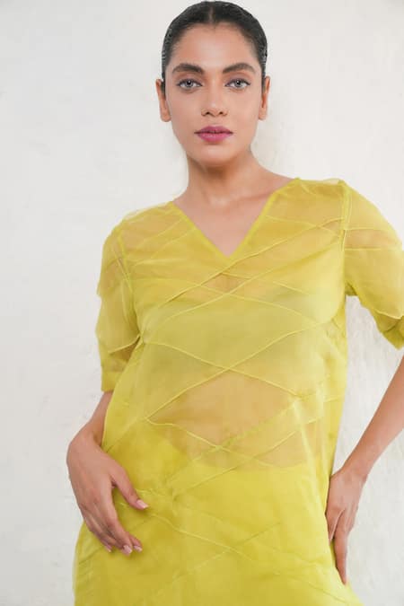 Shop Saksham & Neharicka Lime Organza, Cotton, V-neck Yellow Kurta Set Online at Aza Fashions Shop_Saksham & Neharicka_Lime Organza, Cotton, V-neck Yellow Kurta Set _Online_at_Aza_Fashions