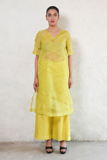 Saksham & Neharicka Lime Organza, Cotton, V-neck Yellow Kurta Set at Aza Fashions Saksham & Neharicka_Lime Organza, Cotton, V-neck Yellow Kurta Set _at_Aza_Fashions